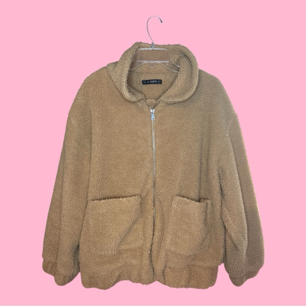 ZAFUL Tan Collared Zip-Up Sherpa Jacket